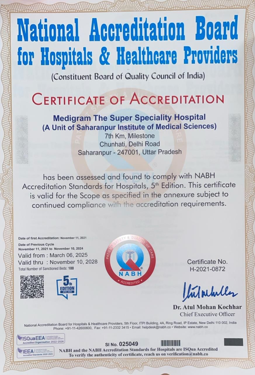 NABH Certificate of Accreditation H-2021-0872 for Medigram The Super Speciality Hospital, valid until 10 November 2028